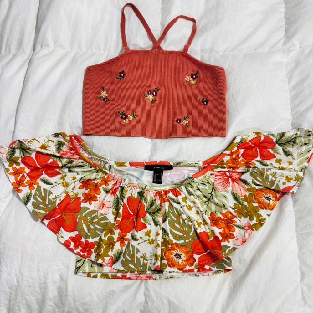 Floral Crop Tops with Embroidered knit and Off the shoulder crop top BUNDLE 2